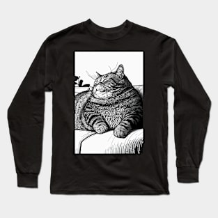 Fat Cat Lounging on the Couch, Black and White Long Sleeve T-Shirt